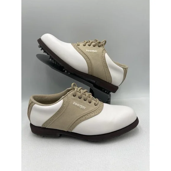 FOOTJOY GreenJoys Womens White Leather Khaki Trim Golf Shoes Size 7.5 M - Picture 5 of 10